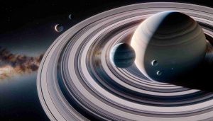 Generate a realistic, high-definition image of exploring the moons and rings of the planet Saturn. The view should be from the perspective of a space probe, capturing the intricate patterns and colors of the rings, with several of the larger moons visible in the distance. The backdrop should be the vast, star-studded expanse of space. The image should convey the awe-inspiring nature of our solar system and the quiet solitude of space exploration.