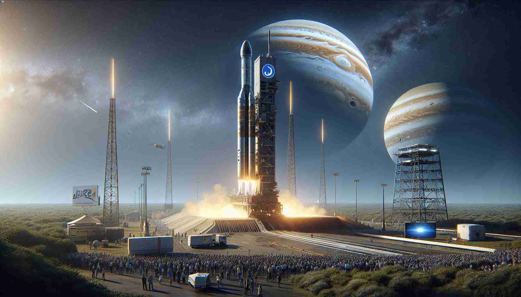 High-definition realistic image of the highly awaited but once again postponed launch of a space exploration vehicle aimed at studying Europa, one of Jupiter's largest moons. The scene should capture the stationary spacecraft on the launch pad, ready for take-off, under a clear blue sky, crowd nearby awaiting the delayed launch, and a billboard displaying the mission's name.