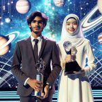 Generate a high-definition, photorealistic image of a young South Asian female astrophysicist and a young Middle-Eastern male astrophysicist standing on a stage that signifies an international event. They are being recognized for their exceptional contributions to the field of astrophysics. The excitement and pride are visible on their faces. They are dressed in formal attire, and they are holding trophies in their hands. Behind them, the backdrop of the stage features various celestial bodies representing their study field.