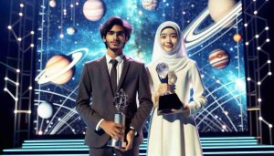 Generate a high-definition, photorealistic image of a young South Asian female astrophysicist and a young Middle-Eastern male astrophysicist standing on a stage that signifies an international event. They are being recognized for their exceptional contributions to the field of astrophysics. The excitement and pride are visible on their faces. They are dressed in formal attire, and they are holding trophies in their hands. Behind them, the backdrop of the stage features various celestial bodies representing their study field.