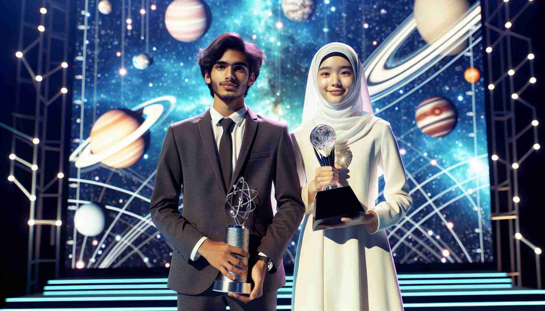 Generate a high-definition, photorealistic image of a young South Asian female astrophysicist and a young Middle-Eastern male astrophysicist standing on a stage that signifies an international event. They are being recognized for their exceptional contributions to the field of astrophysics. The excitement and pride are visible on their faces. They are dressed in formal attire, and they are holding trophies in their hands. Behind them, the backdrop of the stage features various celestial bodies representing their study field.