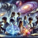 A highly detailed and realistic HD image depicting an intergalactic adventure scene. It features a diverse group of high school students, each engaged in cosmic exploration. A Caucasian female student is examining a nebula through a futuristic telescope, an Asian male student is curiously studying a holographic map of the universe, a Middle-Eastern female student is analyzing alien plant samples, and a Black male student is piloting a state-of-the-art spaceship. The students are not only exploring the mysteries of the cosmos but also expressing their shared passion for cosmology.