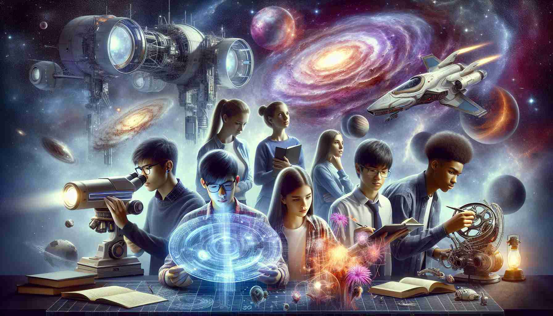 A highly detailed and realistic HD image depicting an intergalactic adventure scene. It features a diverse group of high school students, each engaged in cosmic exploration. A Caucasian female student is examining a nebula through a futuristic telescope, an Asian male student is curiously studying a holographic map of the universe, a Middle-Eastern female student is analyzing alien plant samples, and a Black male student is piloting a state-of-the-art spaceship. The students are not only exploring the mysteries of the cosmos but also expressing their shared passion for cosmology.