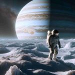 A highly detailed, realistic depiction of a human astronaut in a state-of-the-art spacesuit. They are exploring the icy, cratered landscape of one of Jupiter's frozen moons. The vast, gaseous planet Jupiter looms large and awe-inspiring in the star-filled sky overhead. The astronaut stands on a ridge, looking out over a vast expanse of frozen, alien terrain, their body illuminated by the distant, pale sunlight.