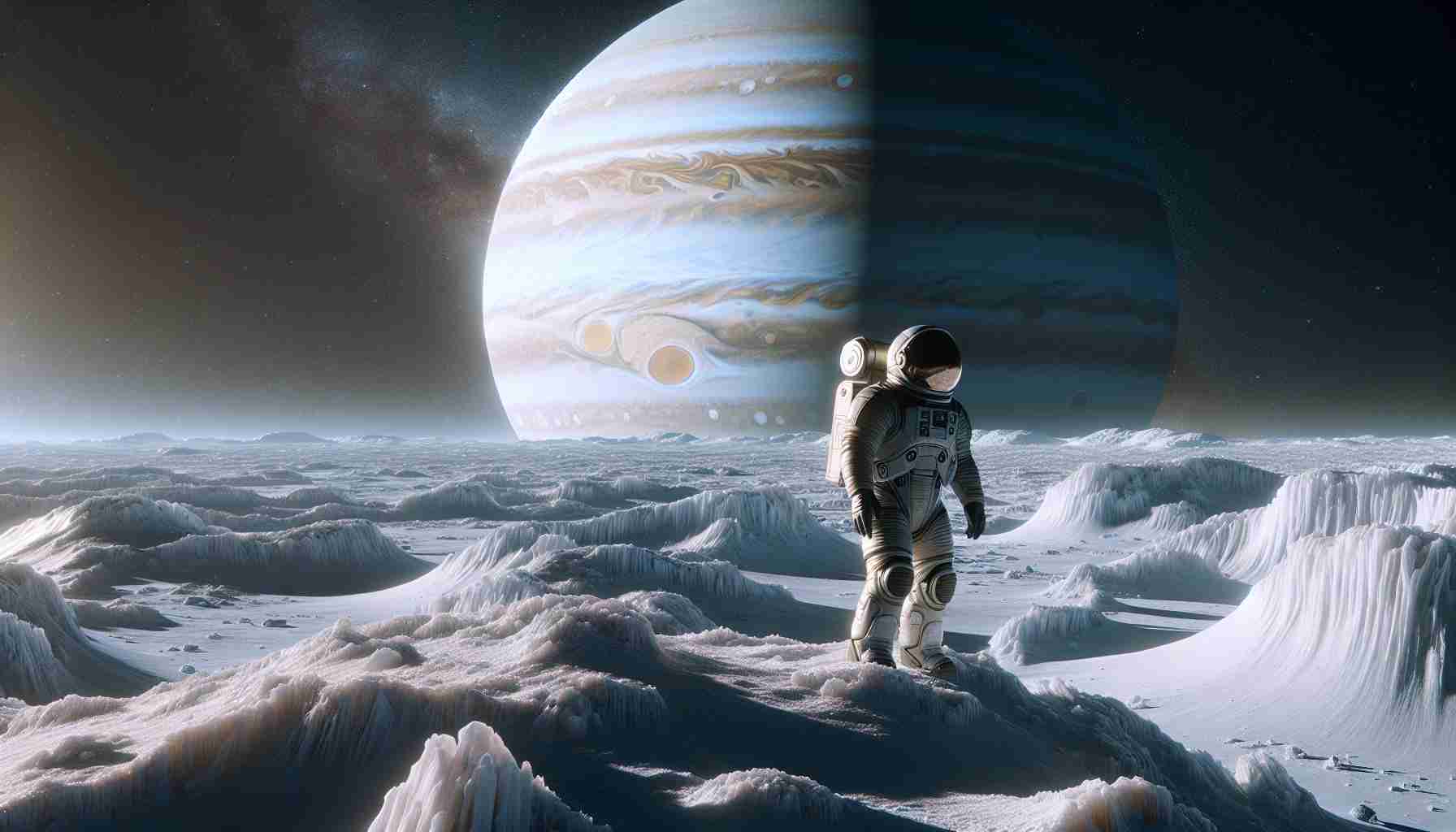 A highly detailed, realistic depiction of a human astronaut in a state-of-the-art spacesuit. They are exploring the icy, cratered landscape of one of Jupiter's frozen moons. The vast, gaseous planet Jupiter looms large and awe-inspiring in the star-filled sky overhead. The astronaut stands on a ridge, looking out over a vast expanse of frozen, alien terrain, their body illuminated by the distant, pale sunlight.