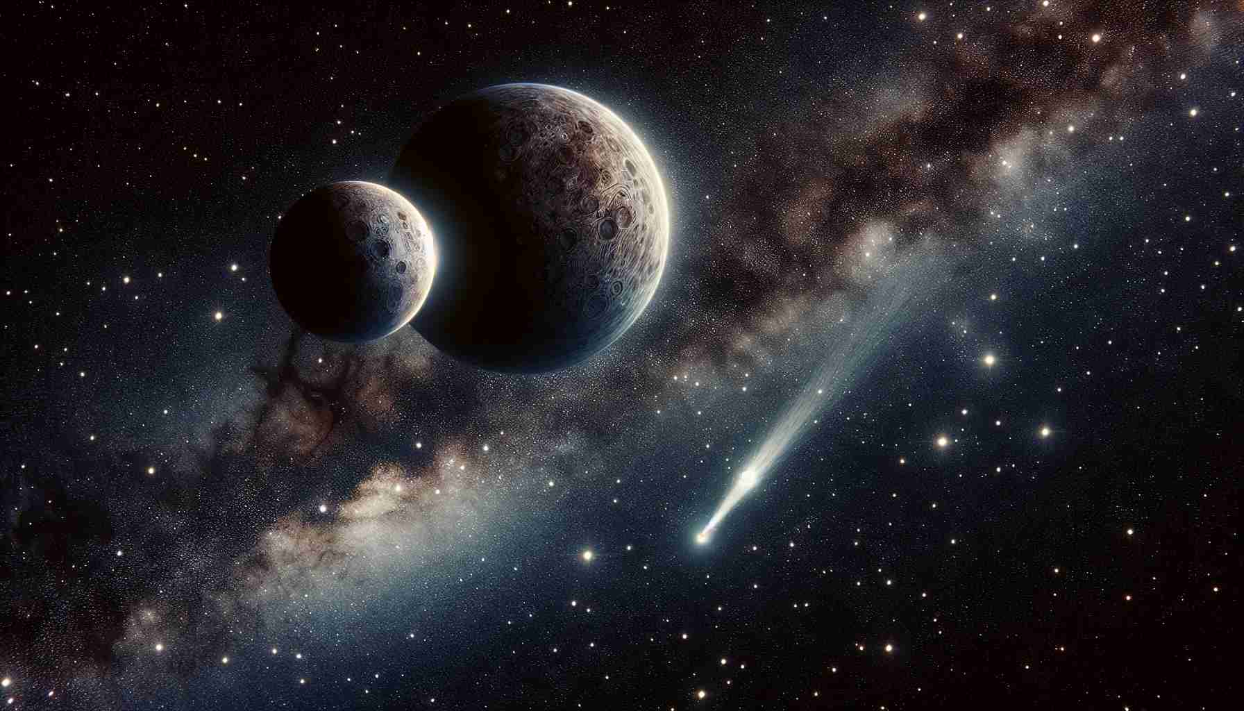 A high definition image depicting a rare celestial encounter. This could include two planets passing closely, a comet coming into view, or stars aligning in a unique pattern. The cosmos background should be a blend of dark and light blues, speckled with distant stars. The primary celestial bodies should be detailed, realistic, with authentic colors and textures. They should appear significant and impressive against the vast canvas of the universe.