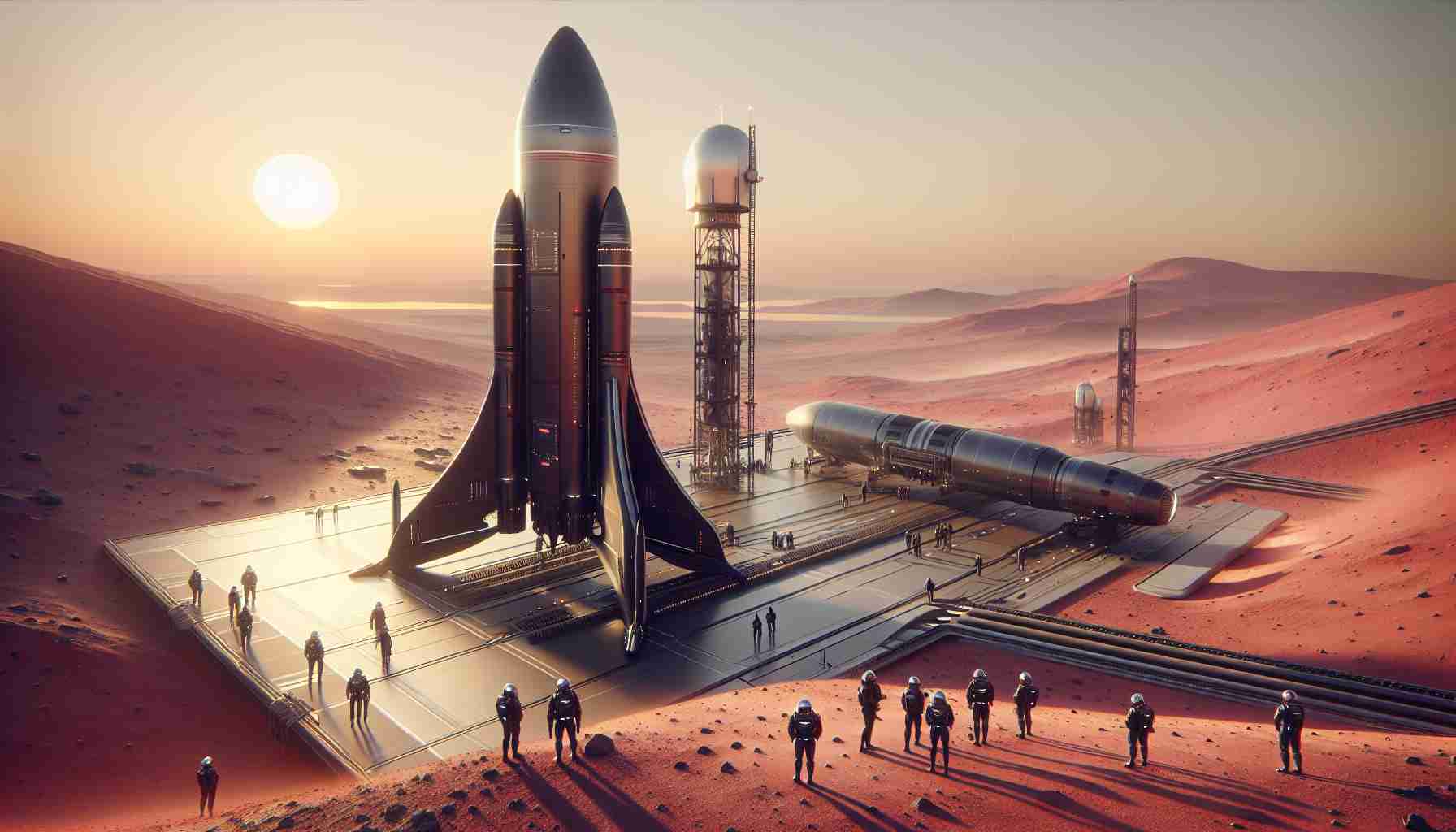 Generate a realistic, high-definition image of a futuristic Mars Sample Retrieval Mission associated with a hypothetical space organization. The scene should showcase a sleek, modern rocket on a launch pad, ready for take-off, with the Mars' red and dusty surface in the background. Also include several crew members of diverse descents, such as Black, Asian and Hispanic, embarking on this journey. The scene should be illuminated by the soft glow of an alien sunset, lending the environment a surreal, ethereal quality.