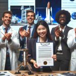 Generate a high-definition, realistic image of an award-winning aerospace company celebrating the securing of a multi-launch contract for future space missions. The scene includes a group of diverse individuals - a black female engineer holding the contract, a Hispanic male manager applauding, an Asian female scientist smiling, a Middle-Eastern male technician holding a model of a spacecraft, and a white male investor giving a thumbs up. Behind them is a large screen displaying the company logo and news of the contract win.