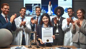 Generate a high-definition, realistic image of an award-winning aerospace company celebrating the securing of a multi-launch contract for future space missions. The scene includes a group of diverse individuals - a black female engineer holding the contract, a Hispanic male manager applauding, an Asian female scientist smiling, a Middle-Eastern male technician holding a model of a spacecraft, and a white male investor giving a thumbs up. Behind them is a large screen displaying the company logo and news of the contract win.