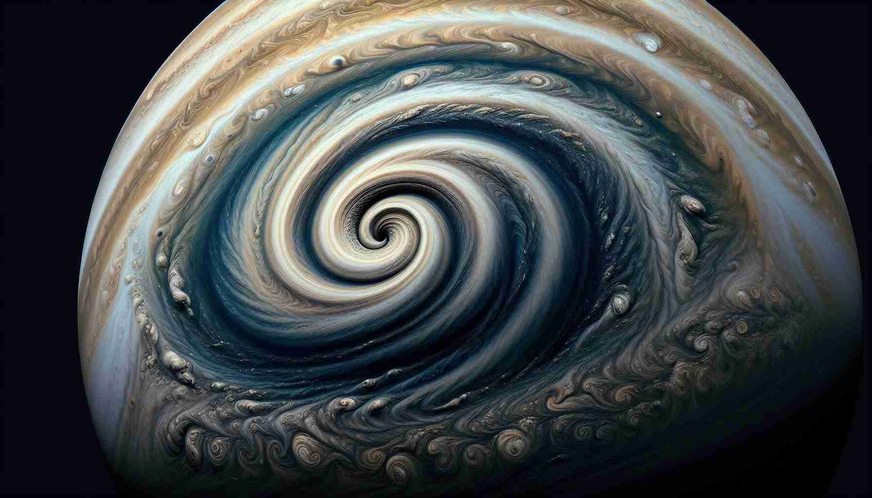 Generate a realistic, high-definition image of a mysterious whirlpool on Jupiter, rendered in vivid detail. The whirlpool should be so distinctive and enthralling that it seems to be revealing the secrets of this immense gas giant. The scene should amplify the colossal scale and turbulent atmosphere of Jupiter, with spiraling storm systems and complex cloud formations in view.