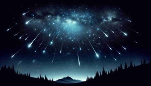 Create a realistic high-definition image depicting an awe-inspiring celestial event, such as a meteor shower, filling the night sky with radiant, shimmering lights. The sky should be full of stars around the event, with the foreground featuring silhouettes of trees and possibly some rolling hills.