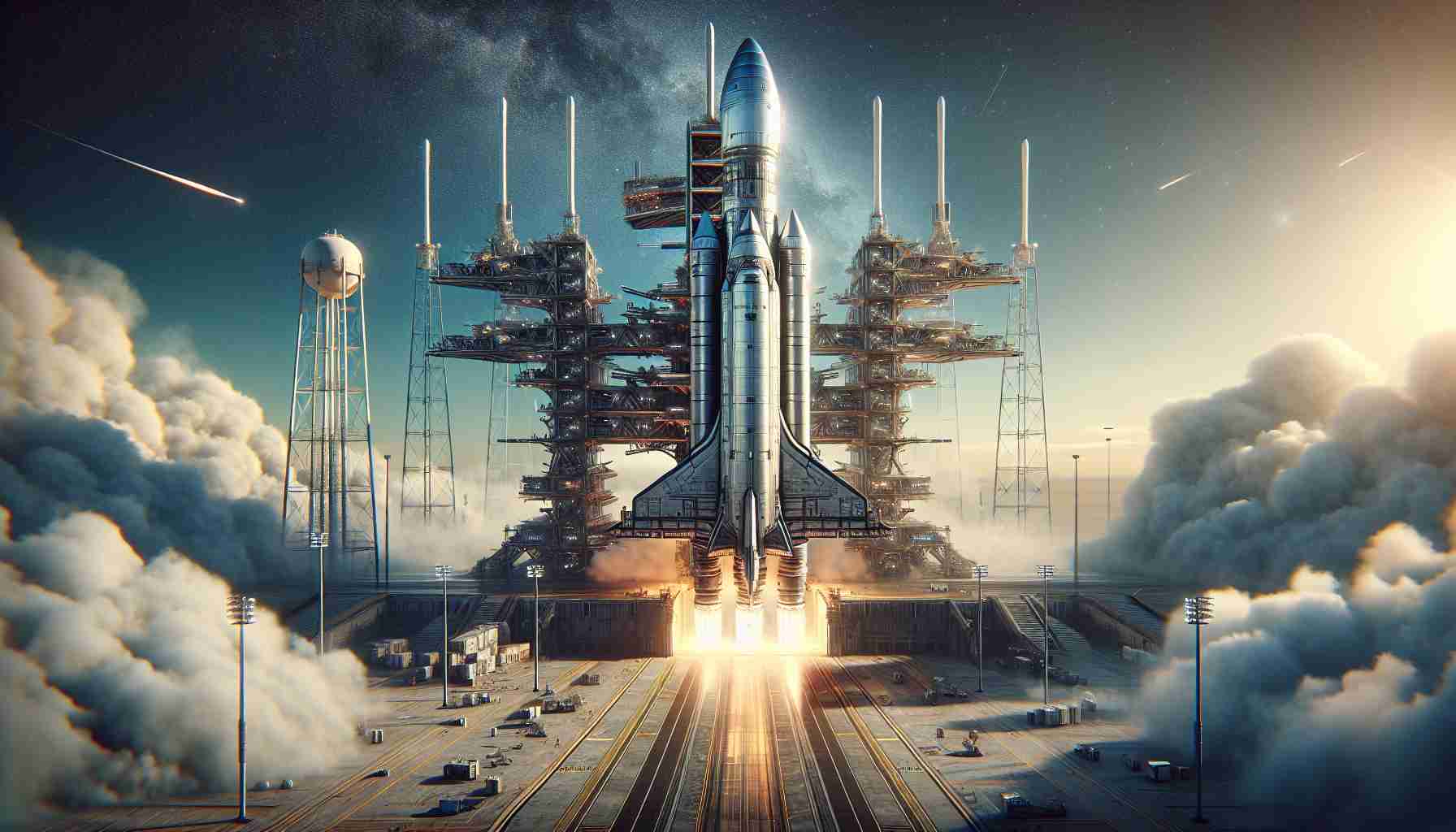 Generate a realistic high-definition image of a private space exploration company continuing on its successful journey with the pending liftoff of its advanced and prominent starship. The scene should encompass a broad view of the launchpad, filled with anticipation, with the towering starship at its center, prepared to venture into the cosmos. The metallic gleam of the starship under the vibrant sunlight, the controlled chaos of the ground crew, and smoke beginning to billow from the launchpad must be captured in the frame.