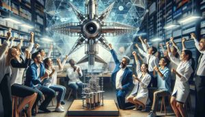 An ultra high definition photograph capturing an important milestone in aerospace science. The image depicts a team of aerospace engineers, both males and females of diverse descents like Caucasian, Hispanic, and South Asian, celebrating a breakthrough in their lab. A model of their innovative aerospace design is displayed prominently, with complex geometric structures suggesting advanced aerodynamics. The atmosphere in the room is filled with excitement and jubilation visible through their expressions.