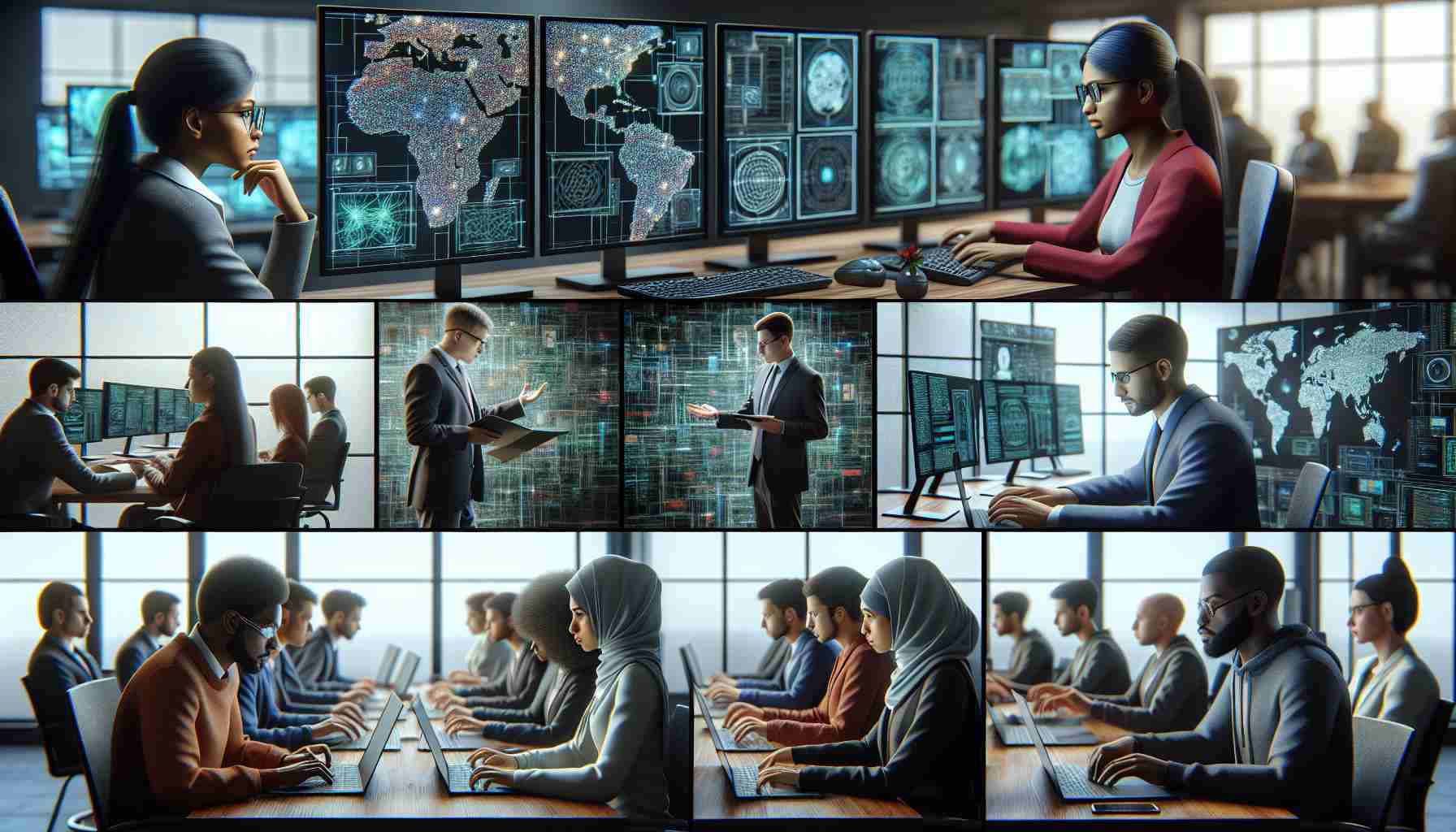 A high-definition and hyperrealistic image showing various individuals exploring alternative career paths in the field of cybersecurity. Meticulously illustrate a South Asian woman working as a cybersecurity analyst studying network patterns on her multiple screens. Portray a Caucasian man teaching a cybersecurity course in a classroom, interactive with his diverse group of students. Depict a Black woman working as an ethical hacker, intently focusing on her computer. And include a Middle-Eastern man engaged in a serious discussion about cybersecurity protocols in a corporate meeting. Each individual should be set in appropriate work environments.