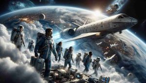 A hyper-realistic, high definition image of a thrilling sci-fi illustration titled 'Unlocking Mystery: The Beyond-Earth Expedition.' The scene depicts a diverse astronaut crew as they embark on a grand journey into the unknown of outer space. The image captures the pivotal moment of a spaceship leaving Earth's atmosphere. The crew consists of a Hispanic male captain, a Black female medical officer, a Caucasian male scientist, and a Middle-Eastern female engineer. The image conveys a sense of boundless curiosity, driven by the stark beauty of the cosmos and a collective human desire for exploration and discovery.