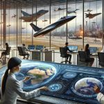 A finely detailed, big resolution image showcasing the Aerospace Revolution and its future direction. The image foreground should capture a modern science laboratory with a diverse group of researchers: a Caucasian woman working on a 3D representation of a newly designed spacecraft, a Middle-Eastern man analyzing navigational charts on a high-tech screen, and a Black woman observing flight trajectories on a globe-like digital interface. In the background, large windows reveal an expansive view of a bustling spaceport with various advanced aircraft ascending into the sky, marking New Paths Ahead.