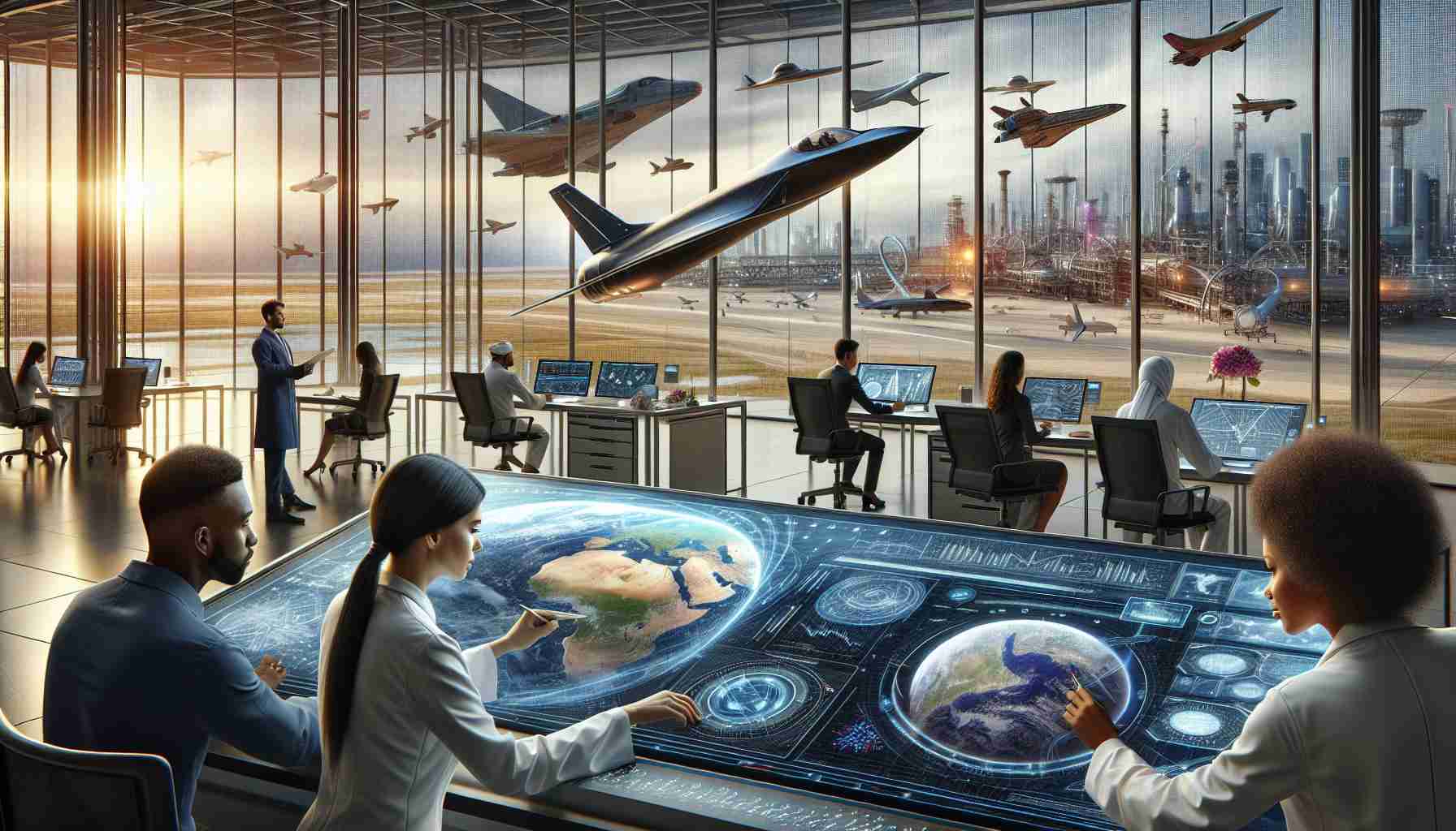 A finely detailed, big resolution image showcasing the Aerospace Revolution and its future direction. The image foreground should capture a modern science laboratory with a diverse group of researchers: a Caucasian woman working on a 3D representation of a newly designed spacecraft, a Middle-Eastern man analyzing navigational charts on a high-tech screen, and a Black woman observing flight trajectories on a globe-like digital interface. In the background, large windows reveal an expansive view of a bustling spaceport with various advanced aircraft ascending into the sky, marking New Paths Ahead.