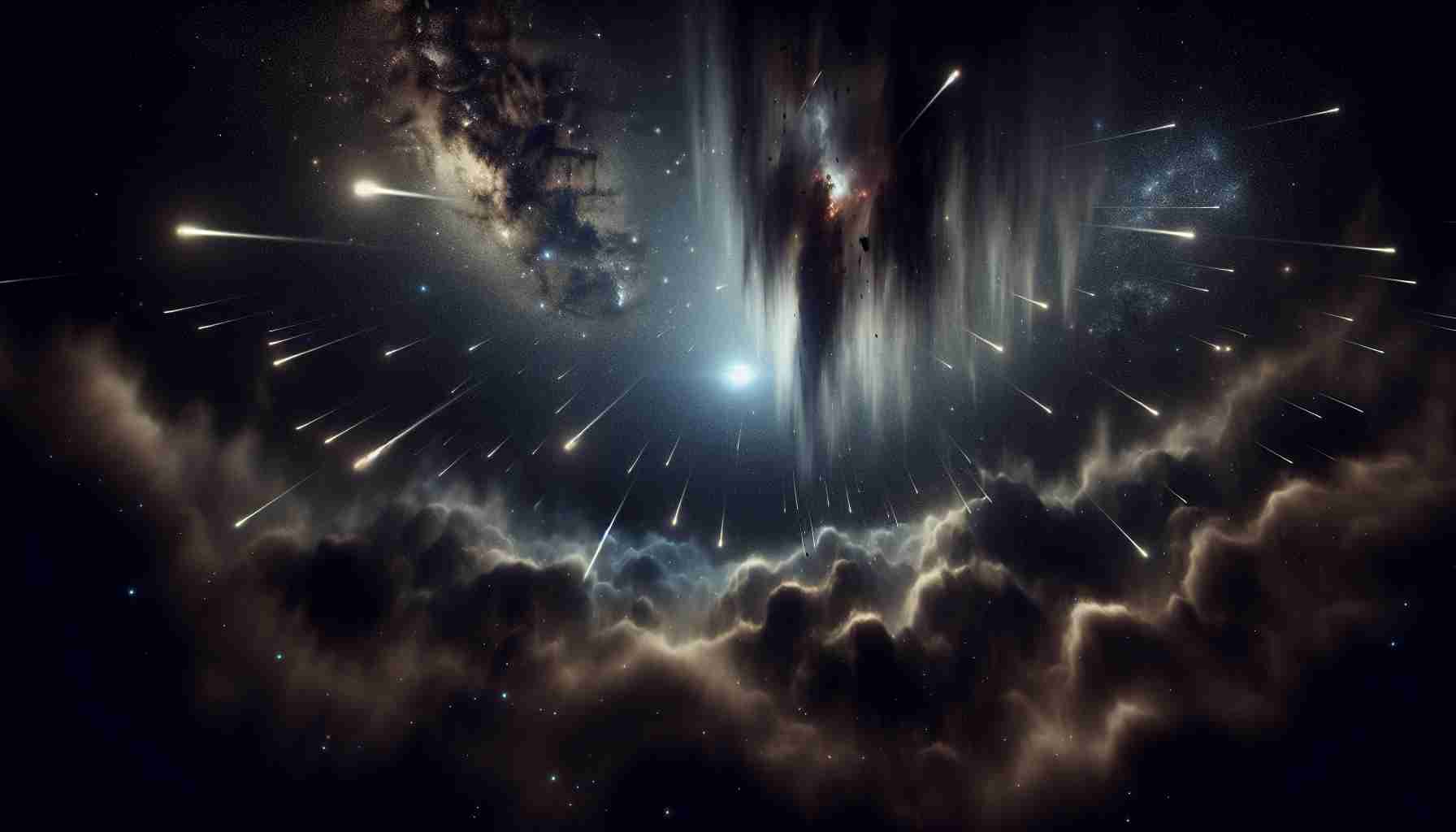 A realistic, high-definition image depicting the scene of an unseen threat potentially lurking within the Taurid Swarm, a stream of cosmic debris known for its association with meteor showers. The visualization should focus on the mysterious and ominous ambience of the space, perhaps showing the distant, shadowy shapes of unknown celestial bodies in the dusty cloud, illuminated by occasional flashes of meteor shower, while the rest of the scene is filled with countless stars and distant galaxies in the infinite backdrop of dark cosmos.