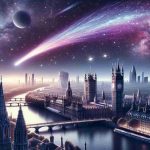 Illustrate a realistic high-definition scene showcasing an extraordinary comet event in the skies above a generic city aesthetically similar to London. The image should feature the city skyline below with trademark architectural elements like Gothic-style buildings, iconic bridges, and intricately-detailed clock towers. The vast cosmos above should be filled with shining stars, and the centerpiece should be the spectacular comet, streaking across the sky with a vibrant long tail. Pantone's Color of the Year, Bright Periwinkle, further emphasizes the mystique of the celestial spectacle.