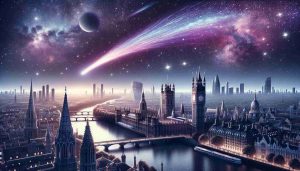 Illustrate a realistic high-definition scene showcasing an extraordinary comet event in the skies above a generic city aesthetically similar to London. The image should feature the city skyline below with trademark architectural elements like Gothic-style buildings, iconic bridges, and intricately-detailed clock towers. The vast cosmos above should be filled with shining stars, and the centerpiece should be the spectacular comet, streaking across the sky with a vibrant long tail. Pantone's Color of the Year, Bright Periwinkle, further emphasizes the mystique of the celestial spectacle.