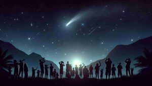 Generate a realistic high-definition image of an event where the excitement is palpable for a rare comet sighting in the Cayman Islands. The night sky is clear and glowing with stars. The comet is visible, its tail illuminating the sky. Excited people of all ages and different descents such as Caucasian, Black, and Asian are scattered around, looking up in awe, some with binoculars, some pointing up to the celestial event. Silhouettes of the typical Cayman Islands' landscape provide the backdrop.