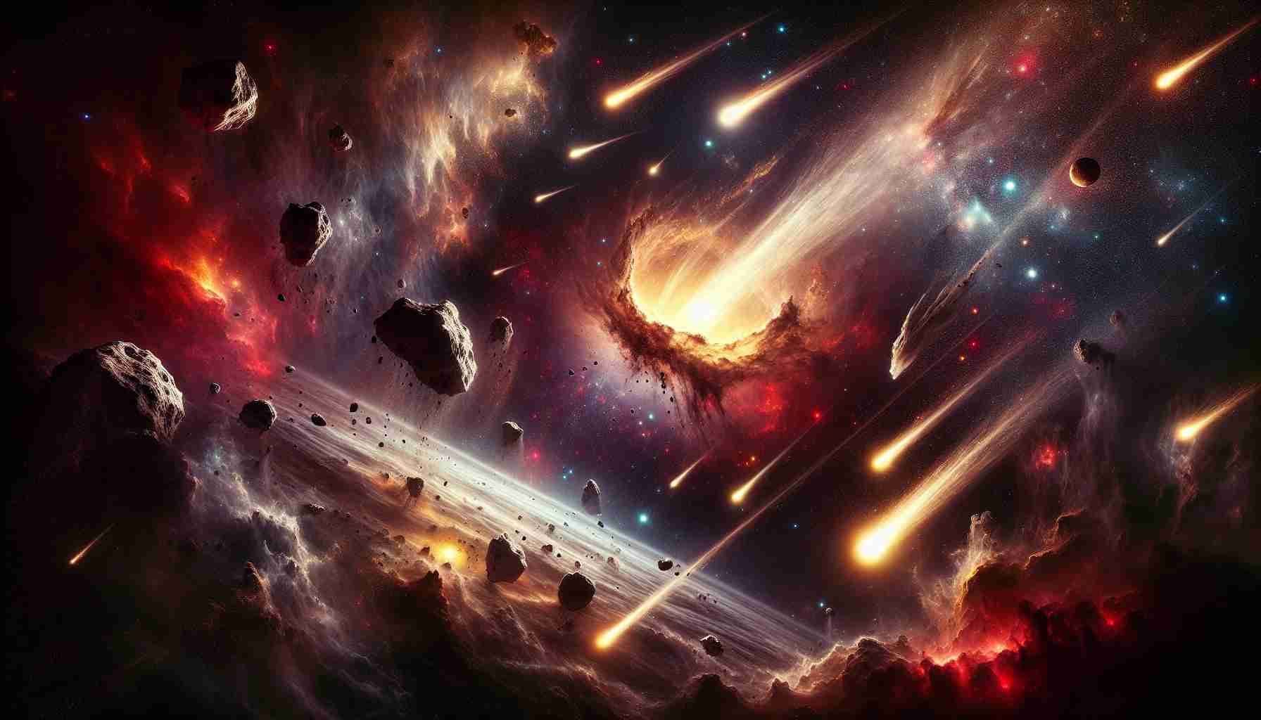 Generate a high-definition and realistic depiction of earth's cosmic visitors' origins. The image should encompass a scene in outer space: vast, nebulous clouds of dust and gases from which comets, asteroids, and meteors are born. Include twinkling distant stars, fiery red and golden nebulae, and swirling gas clouds that have been signatures of cosmic phenomena for as long as we have known. In this celestial nursery, cosmic visitors like comets with long glowing trails, asteroids with their rough surfaces, and meteors as brilliant streaks of light should be emerging.