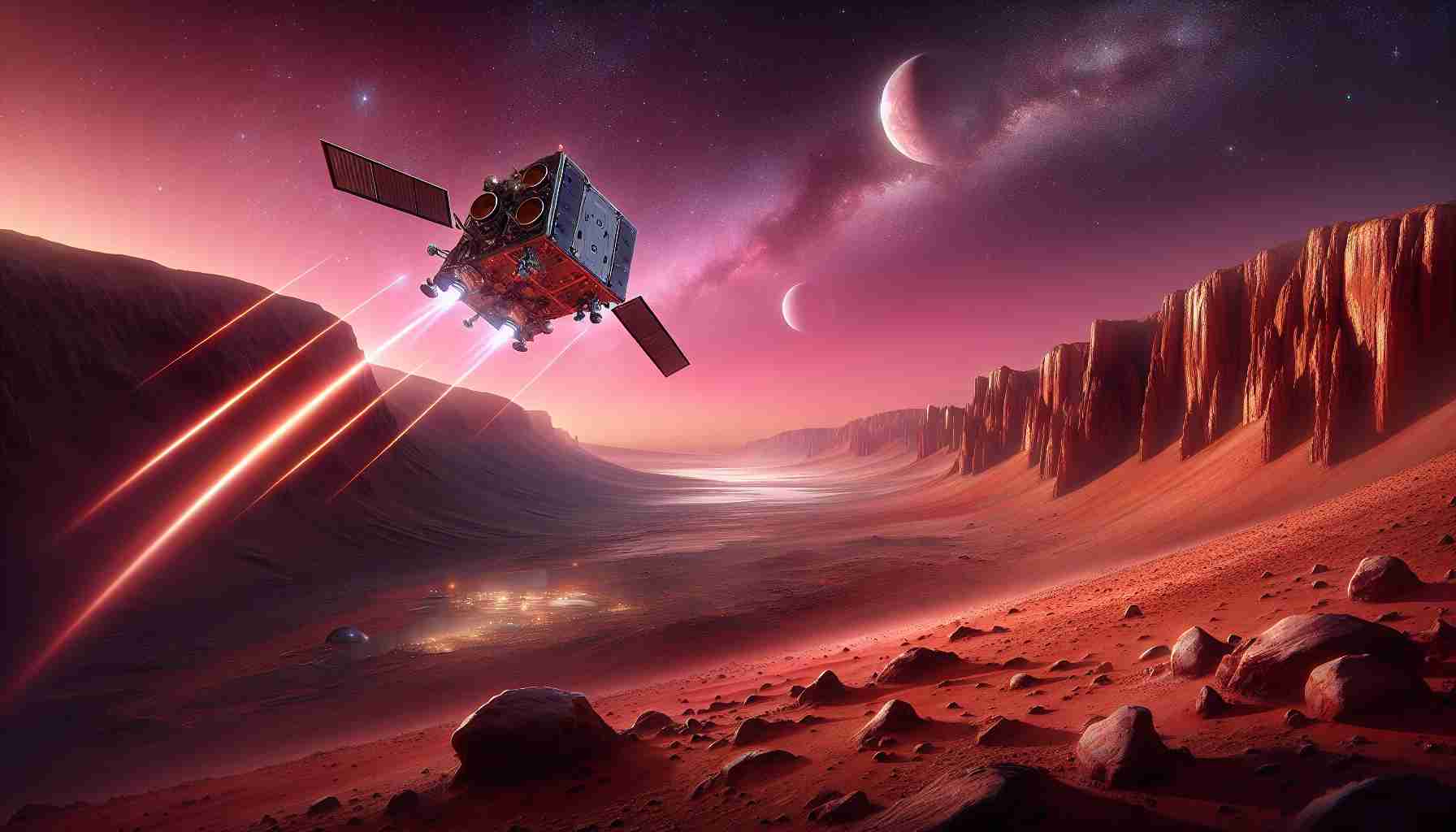 A high-definition, realistic portrayal of a Mars Sample Return Mission being revolutionized. The image showcases a cutting-edge spacecraft leaving the red Mars surface carrying samples of Martian rocks and soils. The Martian landscape is filled with towering cliffs and sprawling sand dunes under a pinkish sky. In the sky, distant planets and stars are twinkling, while the spacecraft leaving a trail of light speeds towards the distant Earth, promising new leaps in space exploration.