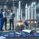 Create a high-definition, photorealistic image depicting a space exploration company being encouraged to put safety first in their commercial space projects. The scene should include blueprints and safety protocols, and perhaps engineers discussing in front of a rocket model.