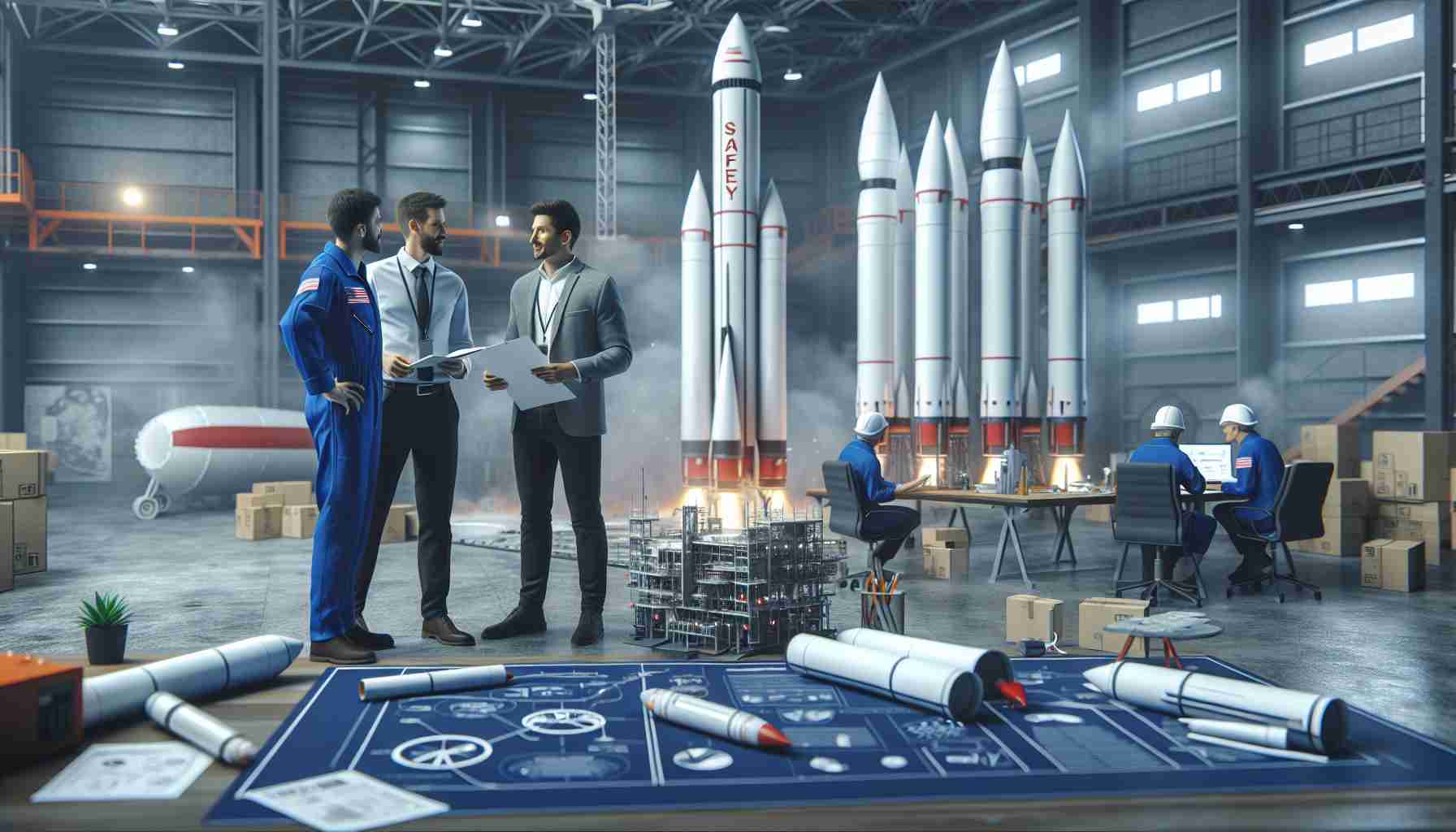 Create a high-definition, photorealistic image depicting a space exploration company being encouraged to put safety first in their commercial space projects. The scene should include blueprints and safety protocols, and perhaps engineers discussing in front of a rocket model.