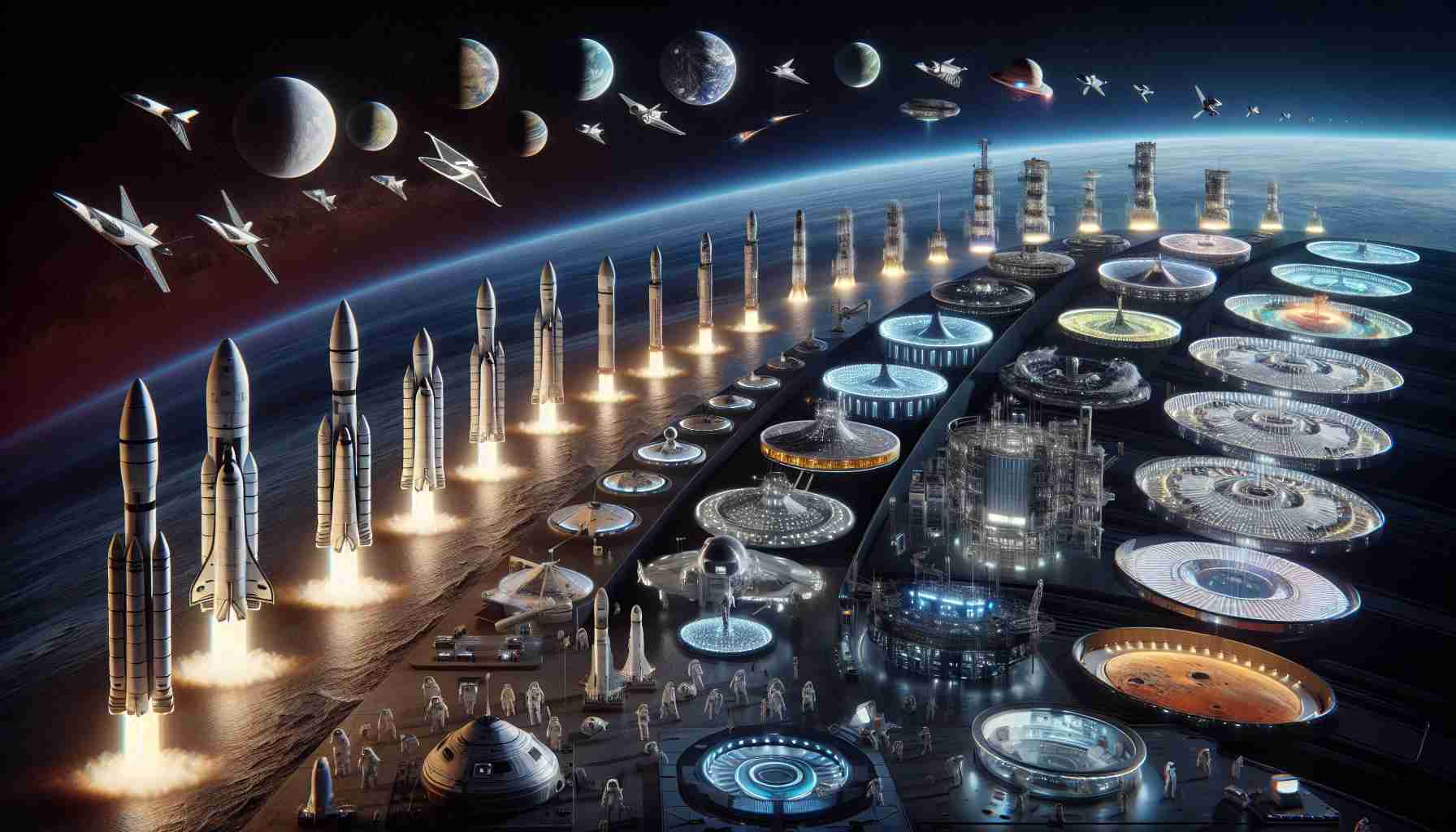 A high-definition, realistic image of a concept envisioning future space exploration. The image shows progressive stages of development with the early stages being represented by traditional space-faring technologies such as rocket launches, astronauts in spacesuits, space stations and so on. The later stages depict advanced concepts like reusable spacecraft, colonization of other planets, advanced life-support systems and futuristic propulsion methods. The overall imagery is suggestive of the advancement and transformation in space exploration.