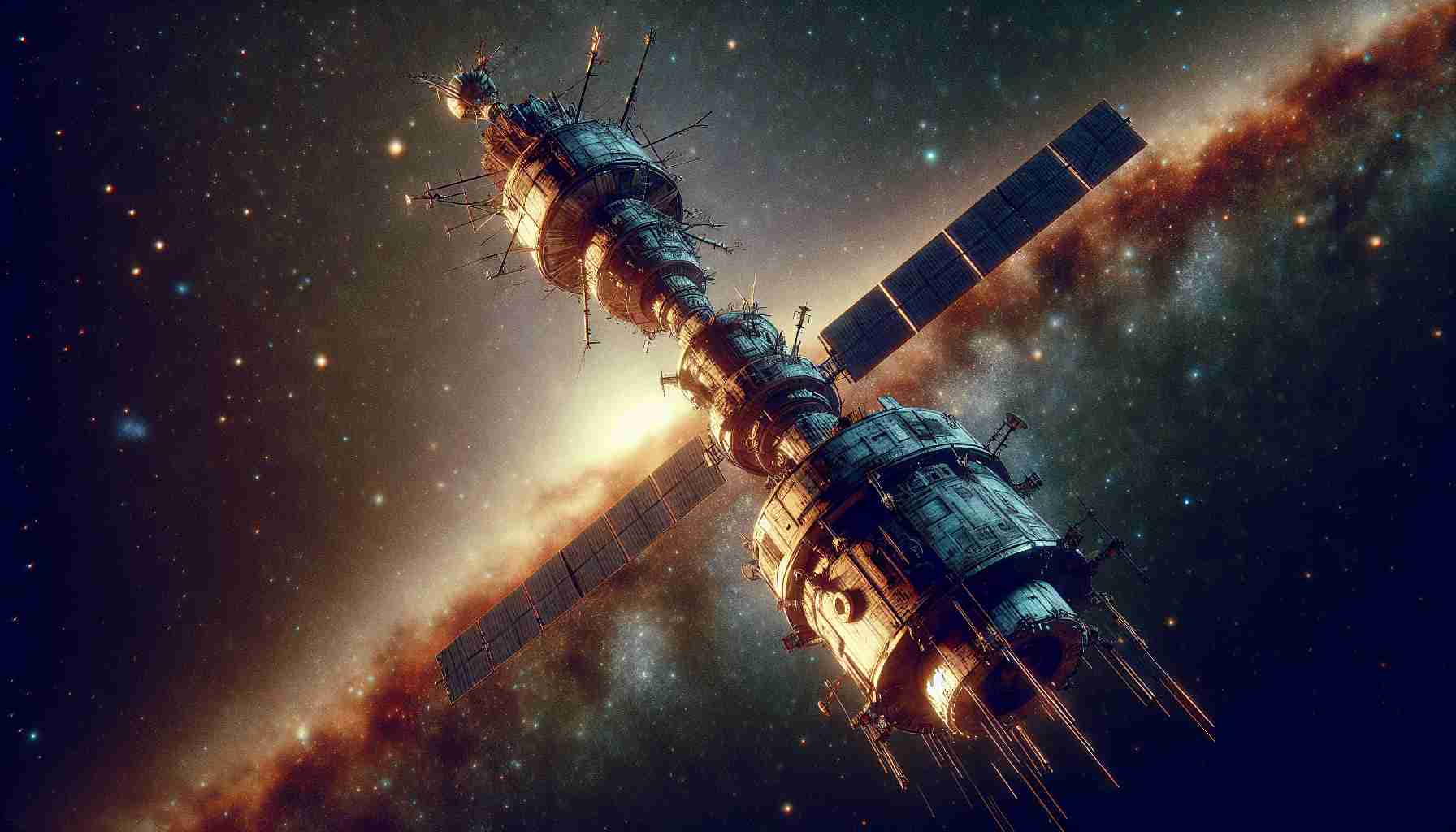 Detail-rich, high-definition illustration of a lost satellite meandering through space ominously. The satellite should be depicted with intricate machinery details and a weathered exterior to infer its long voyage. Show it suspended against a backdrop of distant stars and galaxies, highlighting its solitude. Theodore a radiant energy around it to visualize a direct or indirect menace.