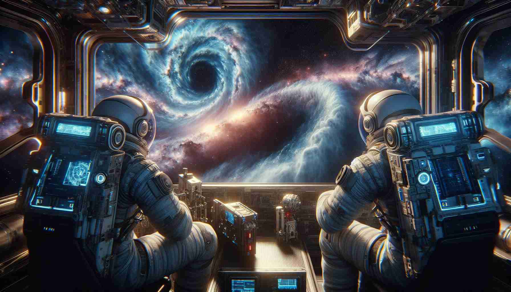 Render a high-definition, realistic representation of astronauts exploring the outermost edges of the galaxy. Imagine this scene taking place in the far reaches of deep space, where the veil of the cosmos lifts to reveal a breathtaking spectacle of nebulous swirls, distant star systems, and formidable cosmic phenomena. The astronauts, one South Asian woman and one Hispanic man, are observing this spectacle from the viewport of their futuristic spacecraft. They are wearing state-of-the-art space suits adorned with myriad sensors and monitors, reflecting the latest in space exploration technology.