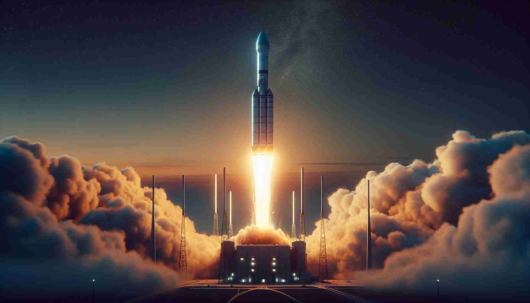 Create a high-definition, realistic image of a private space company successfully launching an enigmatic cargo into orbit. The scene should depict a modern rocket ascending into the sky, its engine flames illuminating the launch pad. The time is dawn, and there's the faintest hint of the breaking day on the horizon. The payload is enclosed within the rocket, making it ambiguous and mysterious from the viewer's perspective.