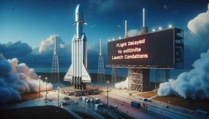 A realistic, high-definition depiction of SpaceX's Starship Flight 6, standing tall on the launchpad, preparation activity buzzing around it. Text on the sky in the background reads 'Flight Delayed to Optimize Launch Conditions'. Scene evoking feelings of anticipation and precision in scientific exploration.