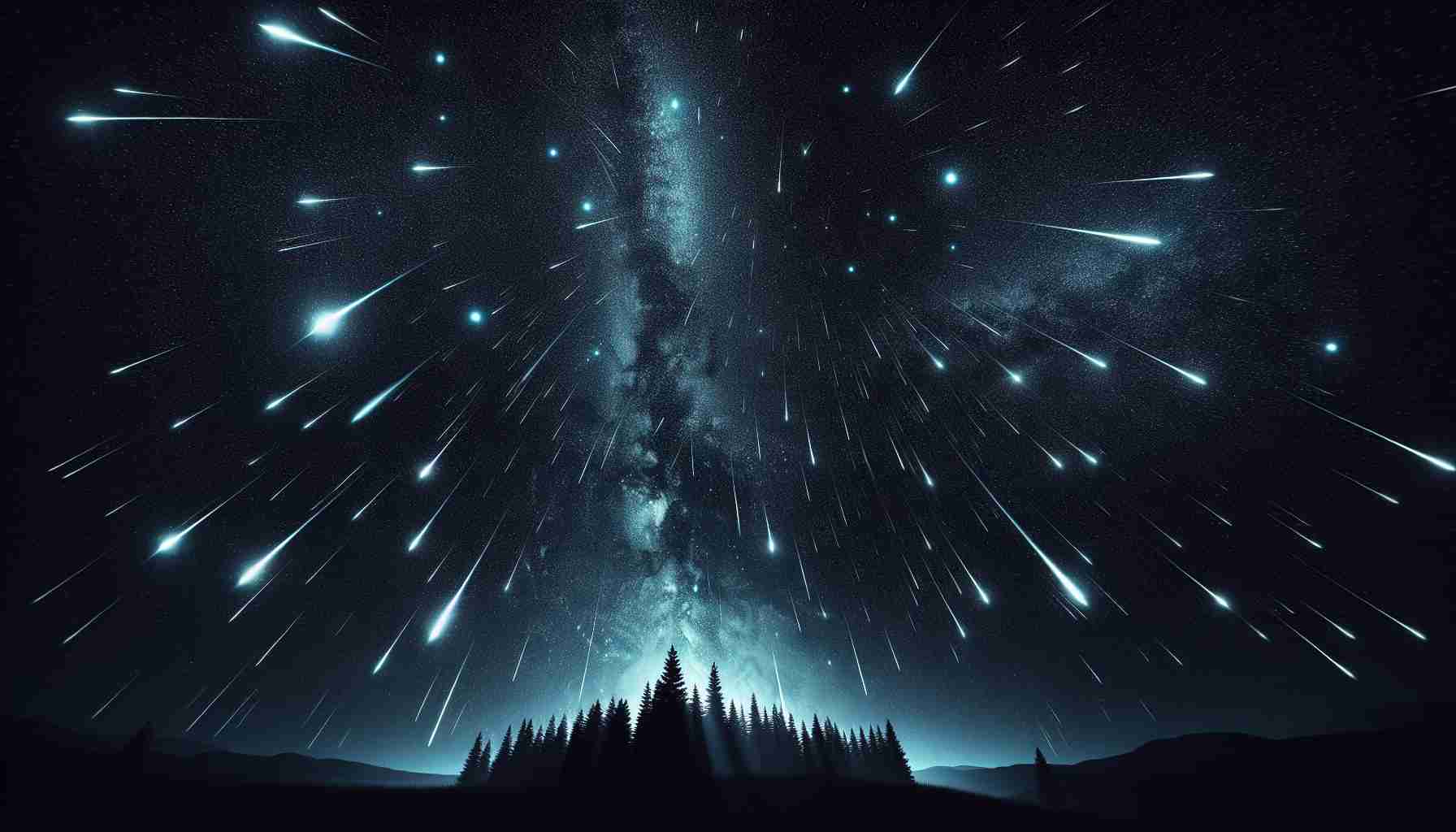 Generate a realistic, high-definition image showcasing the stunning celestial showers of November. The sky should be dark, filled with countless streaking meteor trails, illuminating the night with a dazzling display of light. The scale of the universe becomes apparent in this spectacle, with the foreground filled with silhouettes of trees or hills to give depth and perspective to the scene.