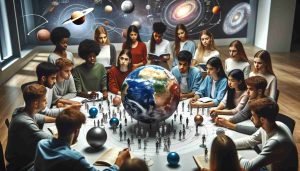 High-definition, realistic image of a diverse group of young students, each from different descents such as Caucasian, Hispanic, Black, Middle-Eastern, South Asian and so on, engaging in an interactive learning session about the universe. They are surrounded by models of celestial bodies and diagrams illustrating the concepts of astrophysics and cosmology. The setting is an educational space, equipped with technology that fosters learning and exploration of cosmic mysteries.