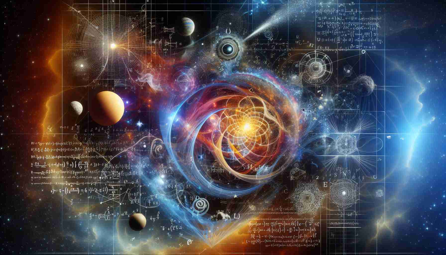 Generate a hyper-realistic, high-definition image representing recent breakthroughs that challenge traditional cosmological theories. The image could include elements like abstract representations of the universe, celestial bodies, symbolic elements challenging conventional wisdom, and texts of complex mathematical equations related to cosmology.