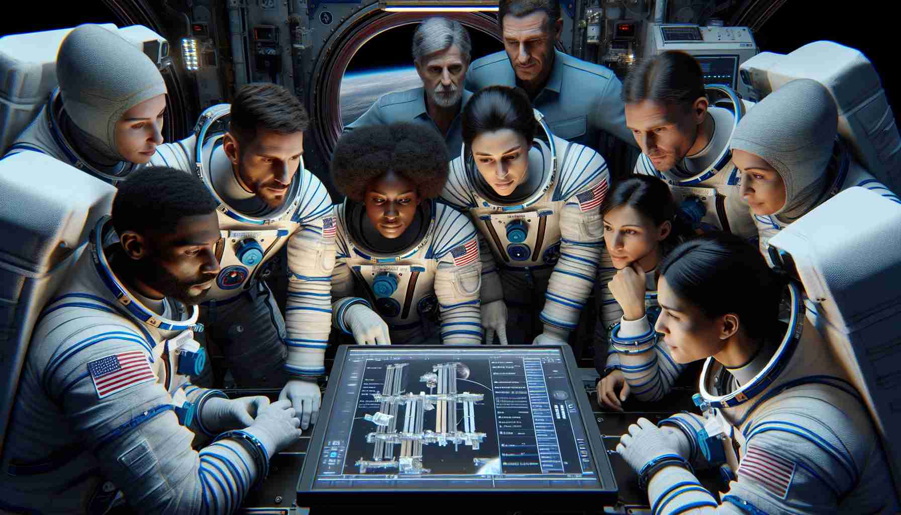 A realistic, high-definition image presenting a diverse group of astronauts on board the International Space Station engaged in a discussion. Three male and three female astronauts are huddled together, looking at a digital display that shows information about a potential leak in the space station. To depict diversity, make the astronauts hail from different regions around the world - one Caucasian, one Hispanic, one Black, one Middle-Eastern, one South Asian, and one East Asian in descent. They are all wearing their space suits and the look on their faces indicates that they have differing opinions on the matter.