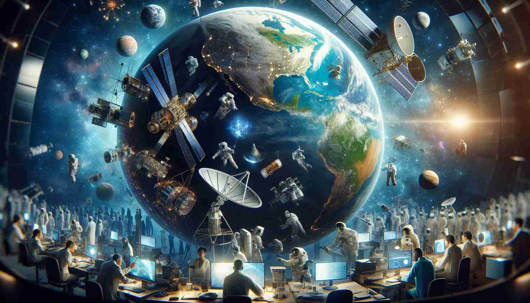 Create a high-definition, realistic image capturing the concept of 'Redefining Space Exploration: Earthly Impacts of Celestial Partnerships'. This could include visual elements like a detailed globe representing Earth with a mix of advanced technologies like satellites, space stations, telescopes, or rovers displaying international collaboration. The stars and other celestial bodies in the background symbolizing the vast expanse and the limitless possibilities of space partnerships. Also, include vignettes of people from diverse descents - Caucasian, Hispanic, Black, Middle-Eastern, and South Asian, male and female, working together in scientific research settings, depicting the global impact of such partnerships.