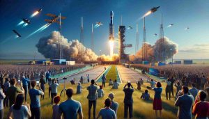 High-definition realistic rendering of an exciting space launch event leading a new, advanced satellite into orbit. The spacecraft is initiated by a ground-based station, with the rocket flames vividly contrasting against the serene, blue sky. In the distance, a colorful crowd of cheerers is brimming with excitement, hastily taking photos with their cameras, anticipating the breakthrough moment. A troop of diligent engineers, of various genders and descents; male, female, Caucasian, Hispanic, Black, Middle-Eastern, South Asian, are watching the milestone with immense pride and satisfaction.