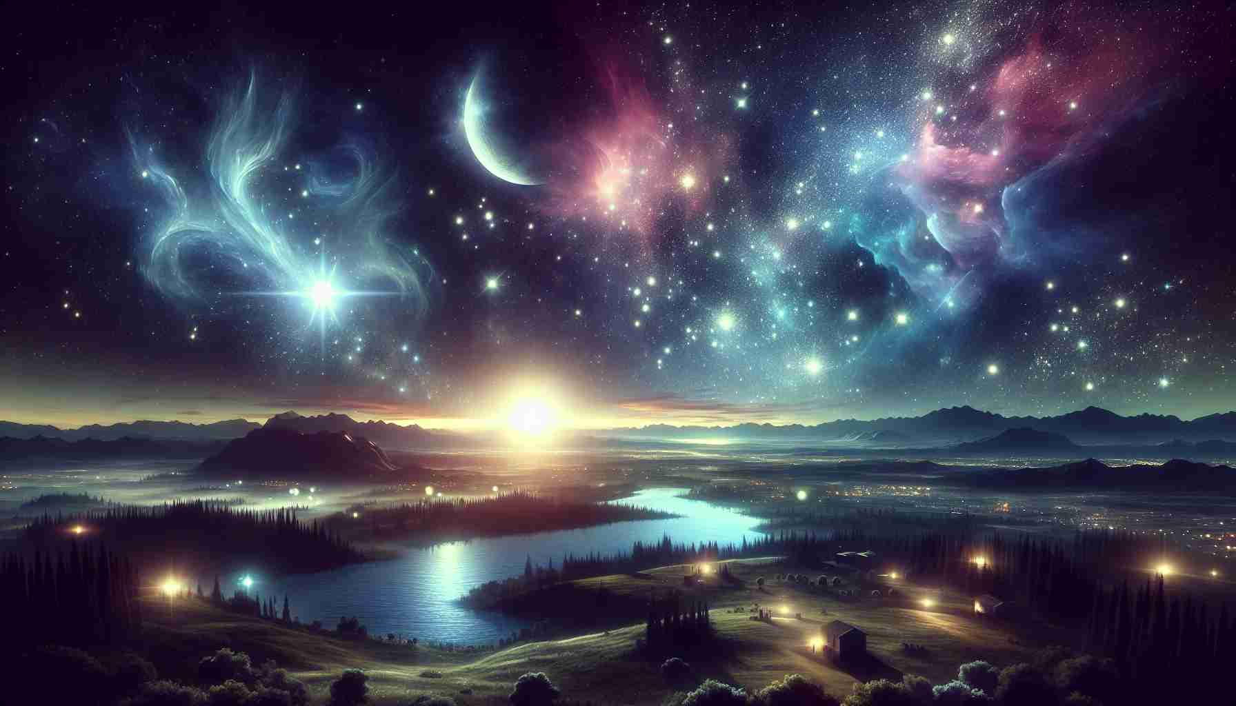 Create a highly detailed and realistic image illustrating a concept titled 'Starry Night Delight: A Celestial Journey'. Have this image depict a serene night sky resplendent with countless twinkling stars. To add to this celestial motif, include ghostly nebulae subtly embellishing the backdrop, a brightly glowing moon casting a gentle light on the landscape below, and a series of ethereal comets streaking across the sky. Meanwhile, the landscape below is a mix of shimmering lakes, rolling hills, and quaint houses tucked away in the contours of the land, all silently basking in the beauty of the star-studded spectacle.