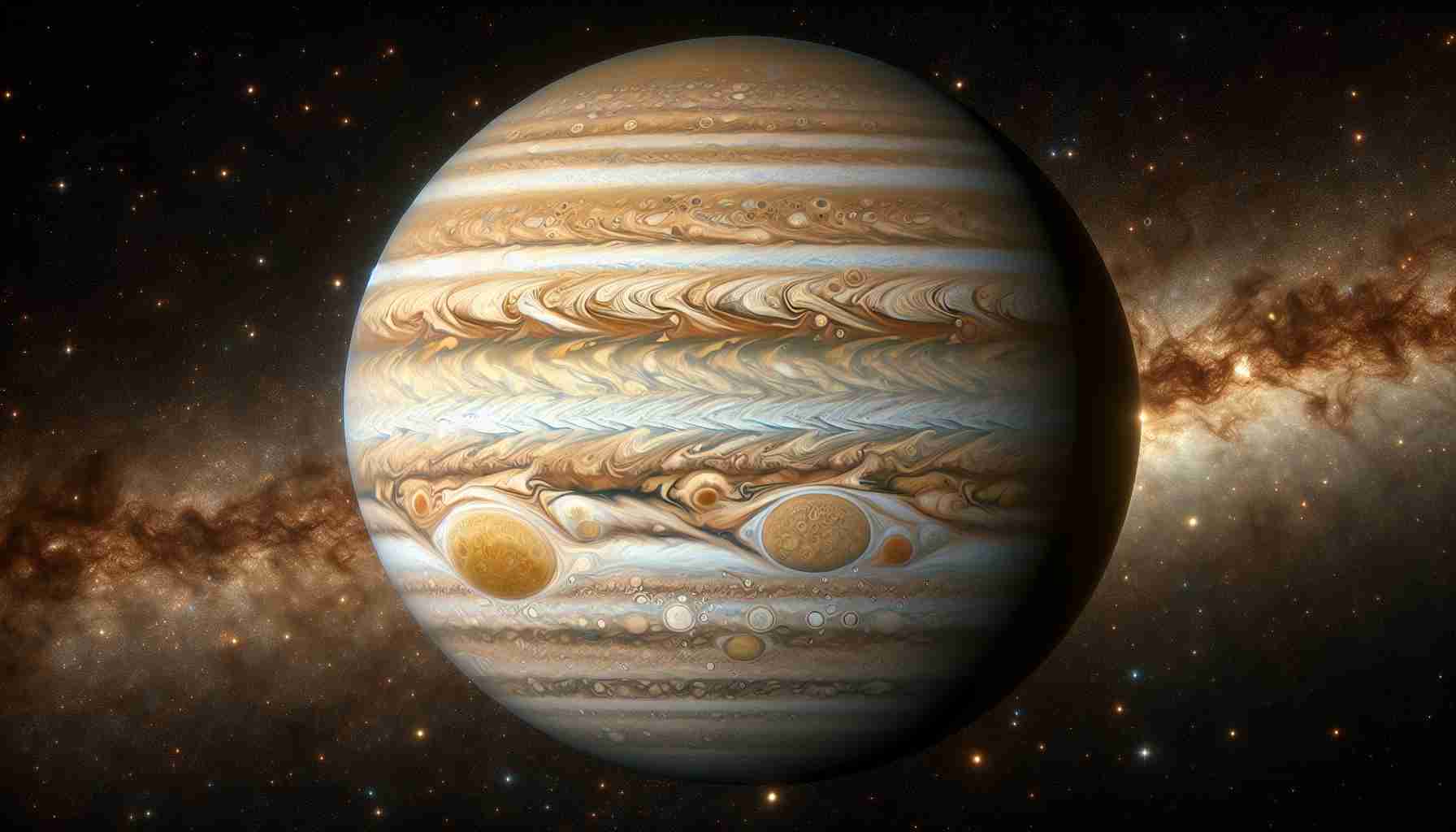 Generate a hyper-realistic, high-definition depiction of Jupiter's enigmatic features beyond the Great Red Spot. Show a detailed deep-space view of distinct storms and cloud formations, with a rich contrast of hues from pale-yellow through darker browns and eye-catching reds. Add an illuminated celestial backdrop filled with brilliant stars and other celestial bodies.