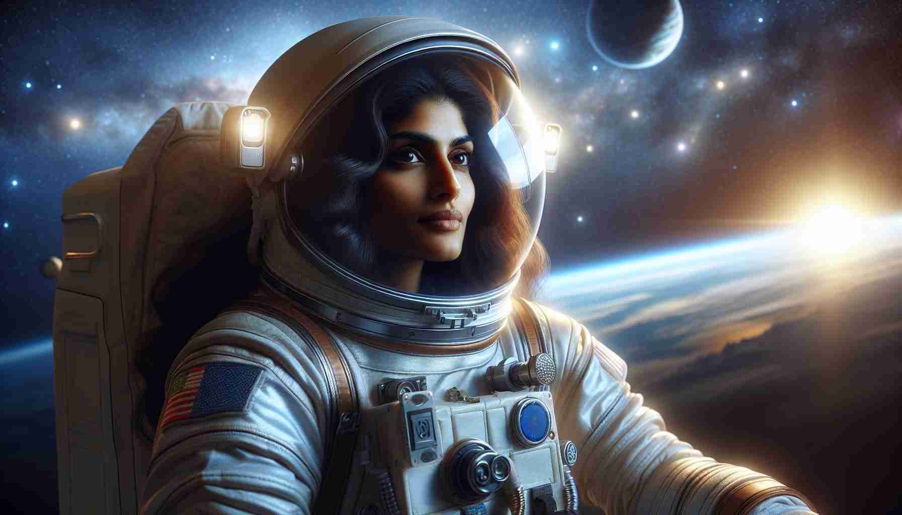 Realistic HD photo of a female astronaut of Indian descent, dressed in an astronaut suit, thriving in the space environment. She appears at ease, almost floating in the exciting, vast expanse of cosmic space. The stars, planets, and the Earth can be seen in the distance, casting an ethereal light in her surroundings. She's wearing a helmet, yet her calm and confident gaze is clearly visible through the visor, displaying her comfort and stamina in this extraterrestrial atmosphere.