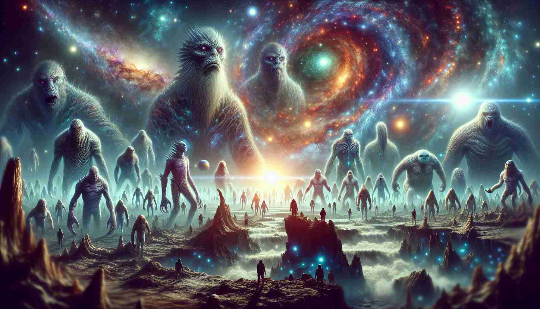 Create a realistic high-definition image depicting the unveiling of enormous, mysterious creatures from ancient cosmic realms. Show a variety of gigantic, otherworldly beings, each with distinctive features that rouse a sense of wonder and awe, as if they just have been discovered for the first time. Add a background setting that portrays a cosmic realm, filled with celestial bodies like stars, planets and galaxies.