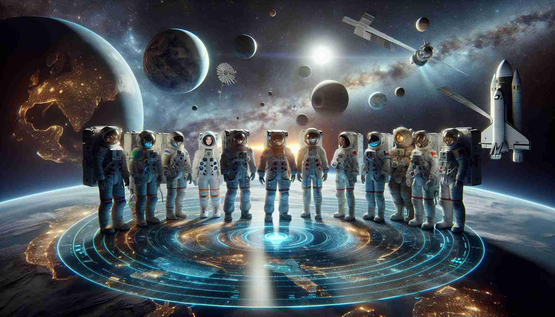 Realistic high-definition image of an exploratory scene set in outer space. Display a variety of international astronauts, representing different races and genders. They're adorned in futuristically advanced space suits, engaged in a friendly discussion around a large, detailed holo map showing the galaxies, planets, and potential colonization sites. The backdrop illuminates with countless stars and unknown worlds, suggesting the vastness of space and the infinite potential of collaboration.