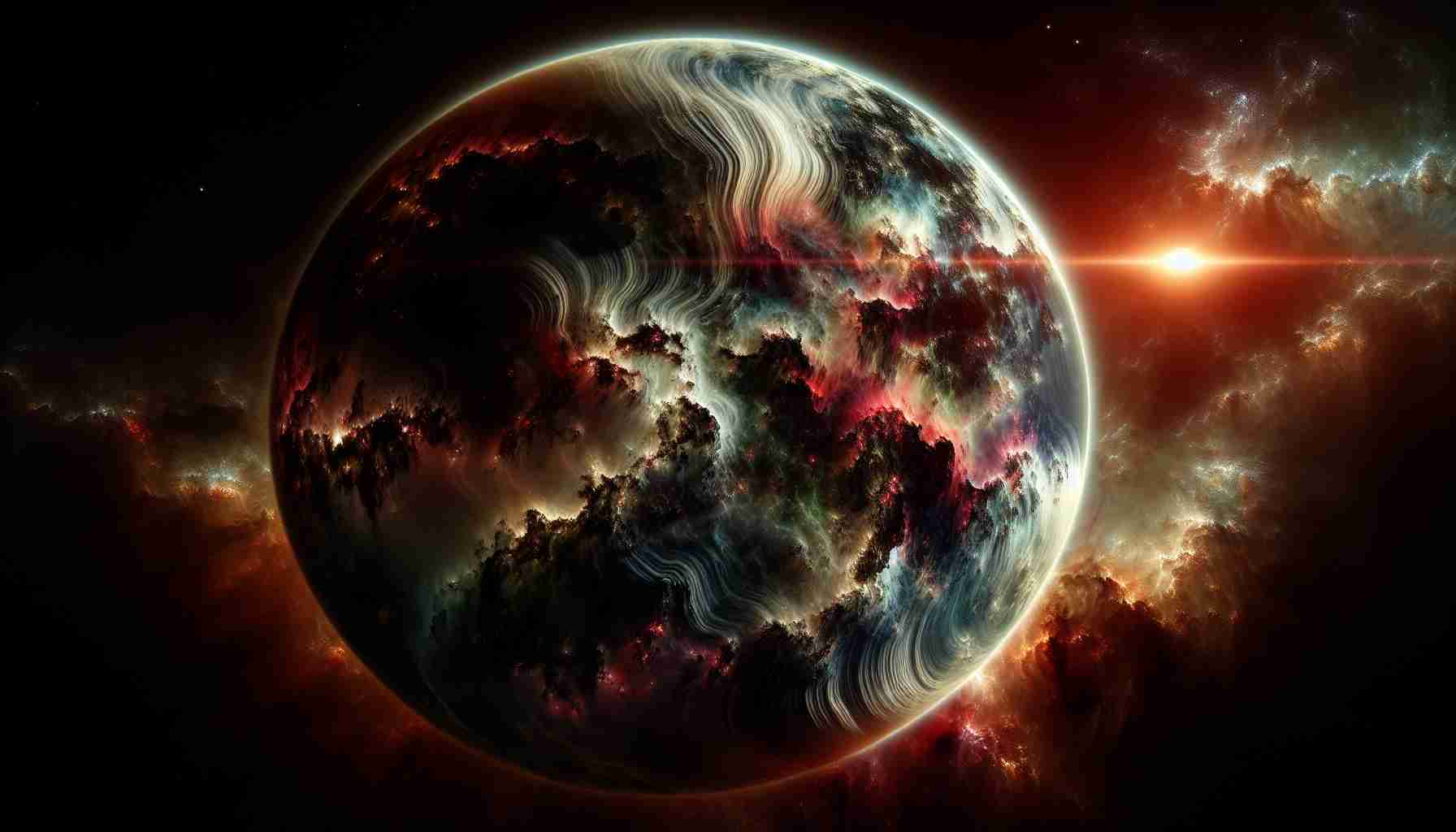 Generate a detailed high definition image of an enigmatic, otherworldly planet, swirling with multicolored gases and covered in chaotic, dramatic terrain features. This planet is revolving around a celestial remnant, the leftover core of a once grand star that is providing an eerie illumination to the scene. The light strikes the planet's surface, casting deep shadows and providing a stark contrast to the otherwise brightly lit parts. The celestial remnant shimmers with a residual celestial energy, a beacon in the distant reaches of the universe.