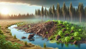 Create a realistic HD image depicting the transformative effects of beaver activity on a landscape. The scene should capture a beaver dam in the foreground with a pond filled by trapped water, and dense vegetation flourishing around due to the increased moisture. The background can portray the contrast of a dry, sparser woodland to highlight the drastic changes brought by the beaver