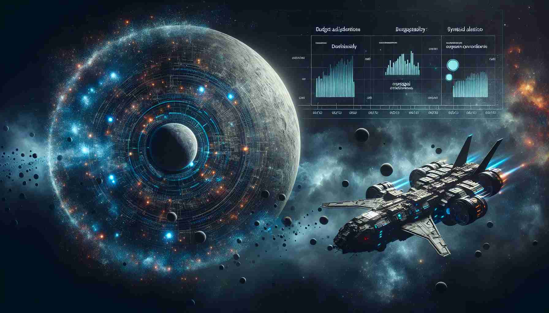 Create a high-definition, realistic image that encompasses the theme of innovations in space exploration in the midst of budget adjustments. The scene may showcase a high-tech space vehicle in the compelling darkness of space, surrounded by stars and unknown planet bodies with the backdrop of a complex, visually appealing infographic demonstrating budgetary considerations. The spaceship could symbolize breakthrough technology, while the infographic indicates financial adaptability and strategic planning in the space sector.