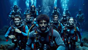 High definition, realistic image of a unique underwater scenario. Capture a diverse team of student divers achieving a record-breaking deep-sea dive during their research expedition. This team consists of a mix of male and female students from various descents such as Caucasian, Black, Hispanic, Middle-Eastern, South Asian. They are equipped with advanced diving gear and moving around in the dark, mysterious depths of the ocean. Their expressions reflect a mix of triumph, excitement and academic curiosity.