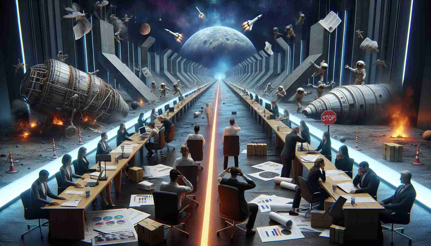 A realistic, high-definition image signifying the future challenges faced by a renowned space exploration agency due to ongoing workforce reductions. The scene includes a symbolic pathway strewn with obstacles ahead representing reduction in human resources, dwindling budget allocation documents, and frustrated expressions on employees' faces. Despite the grim atmosphere, there's still a glimmer of hope as they continue to press on, with dedicated professionals of diverse descents and genders working on complex blueprints and models of space exploration vehicles.